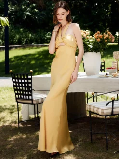 Halter Backless Satin Long Dress