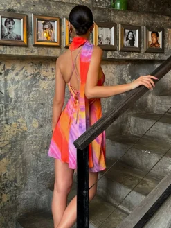 Halter Backless Tie Dye Short Dress