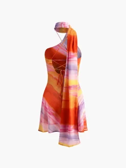 Halter Backless Tie Dye Short Dress