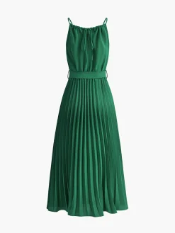 Halter Belted Pleated Midi Dress