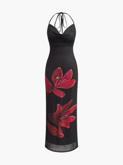 Halter Drawstring Backless Floral Dress