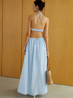 Halter Elastic Waist Cutout Long Pocket Dress