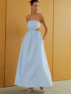 Halter Elastic Waist Cutout Long Pocket Dress