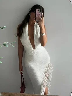 Halter Low-Cut Asymmetrical Ruffle Hem Lace Dress