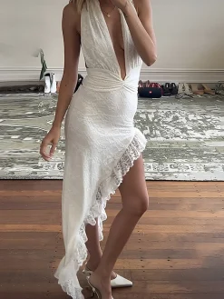 Halter Low-Cut Asymmetrical Ruffle Hem Lace Dress
