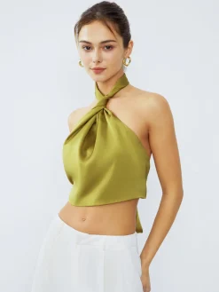 Halter Neck Twist Open Back Satin Crop Top