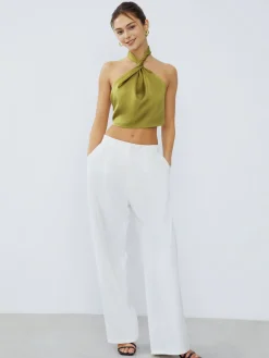 Halter Neck Twist Open Back Satin Crop Top