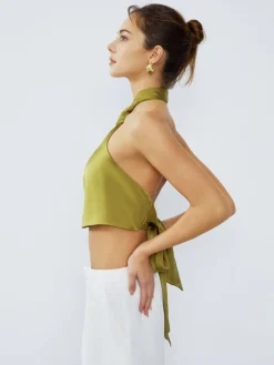 Halter Neck Twist Open Back Satin Crop Top
