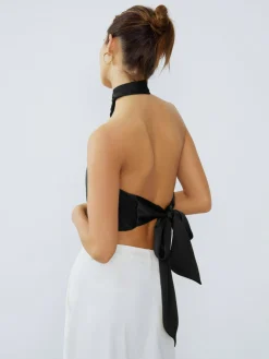 Halter Neck Twist Open Back Satin Crop Top