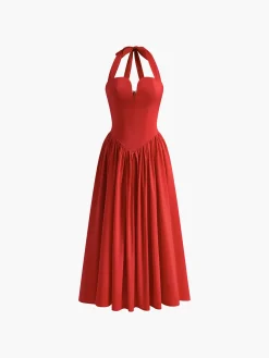 Halter Sweetheart Pleated Midi Dress