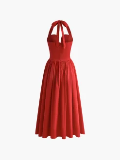 Halter Sweetheart Pleated Midi Dress