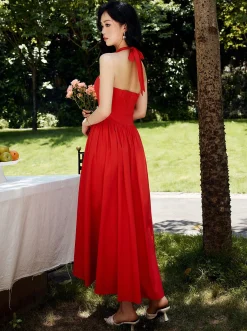 Halter Sweetheart Pleated Midi Dress