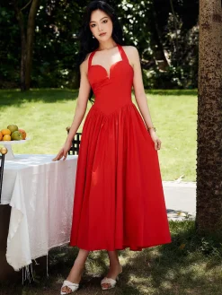 Halter Sweetheart Pleated Midi Dress