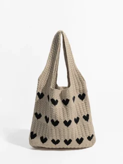 Heart Pattern Knit Shoulder Bag