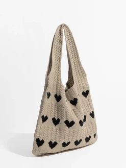 Heart Pattern Knit Shoulder Bag