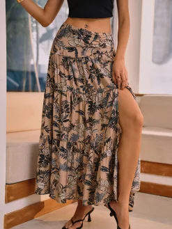 Herbal Harmony Plant Print Split Maxi Skirt