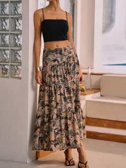 Herbal Harmony Plant Print Split Maxi Skirt