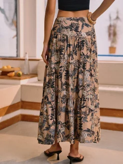 Herbal Harmony Plant Print Split Maxi Skirt