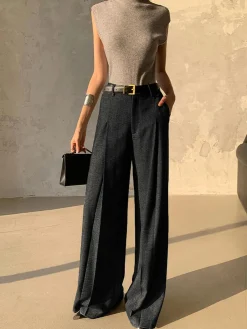 High Waist Pleated Pants Without Belt