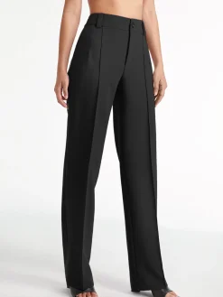 High Waisted Pleat Front Solid Colored Straight Leg Trousers