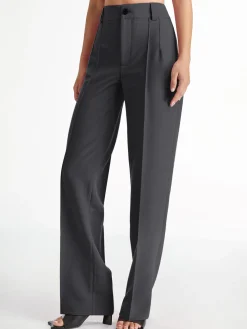 High Waisted Pleat Front Solid Colored Straight Leg Trousers