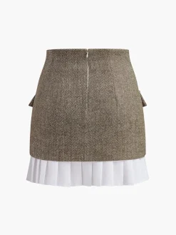 High-Waist Chevron Pleated Zipper Panel Skirt