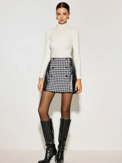 High-Waist Houndstooth Panel Faux Leather Skirt