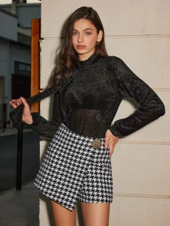 High-Waist Metal-Button Houndstooth Shorts