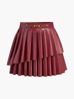 High-Waist Metal-Detail Asymmetrical Pleated Skirt