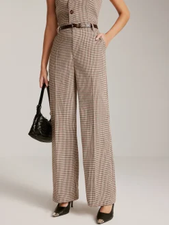 High-Waist Plaid Belted Pants