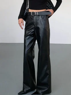 High-Waist PU Leather Pants Without Belt