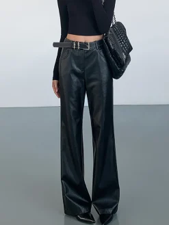 High-Waist PU Leather Pants Without Belt