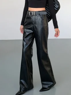 High-Waist PU Leather Pants Without Belt