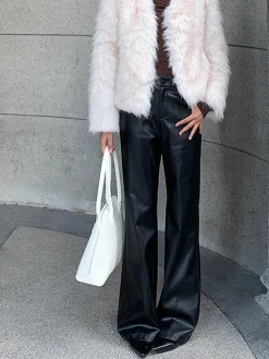 High-Waist PU Leather Pants Without Belt