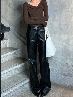 High-Waist PU Leather Pants Without Belt