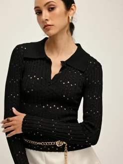 Hollow Button Polo Sweater Without Belt