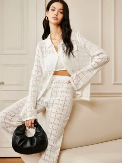 Hollow Plaid Drawstring Pants Set