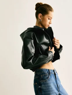 Hooded PU Leather Crop Jacket