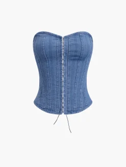 Hook-and-Eye Tie Back Tube Denim Top