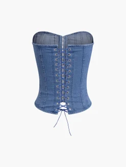 Hook-and-Eye Tie Back Tube Denim Top