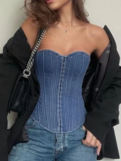 Hook-and-Eye Tie Back Tube Denim Top
