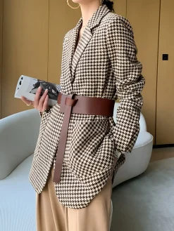 Houndstooth Split Blazer With Belt
