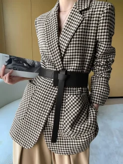 Houndstooth Split Blazer With Belt