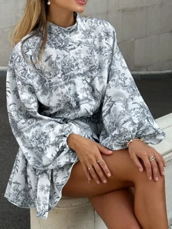 Ink Painting Print Tie Up A-Line Short Dress