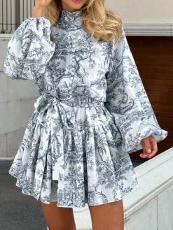 Ink Painting Print Tie Up A-Line Short Dress