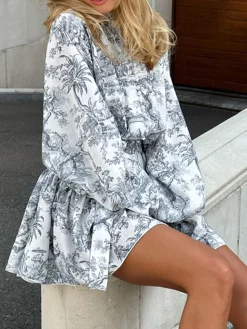 Ink Painting Print Tie Up A-Line Short Dress
