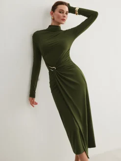 Irregular Metal-Ring Slit Pleated Dress