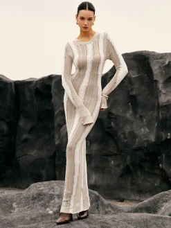 Jacquard Striped Crochet Long Dress