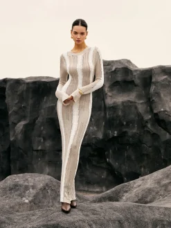 Jacquard Striped Crochet Long Dress