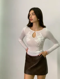 Keyhole Neckline Floral Mesh Blouse